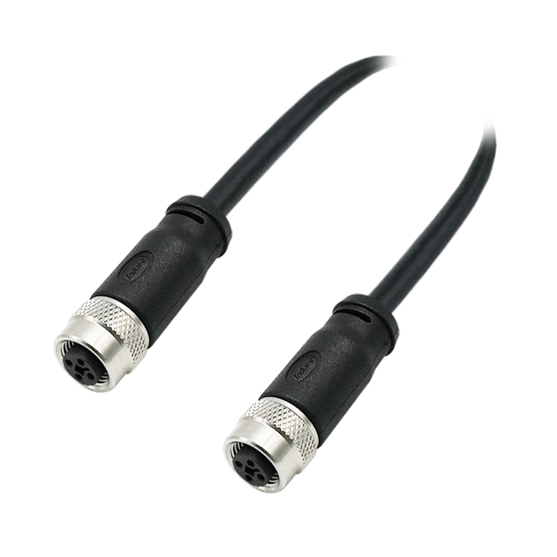 M12 4pins T code female to female straight molded cable,unshielded,PVC,-40°C~+105°C,22AWG 0.34mm²,brass with nickel plated screw