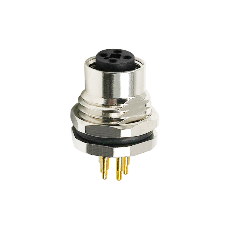 M12 4pins T code female straight front panel mount connector PG9 thread,unshielded,insert,brass with nickel plated shell