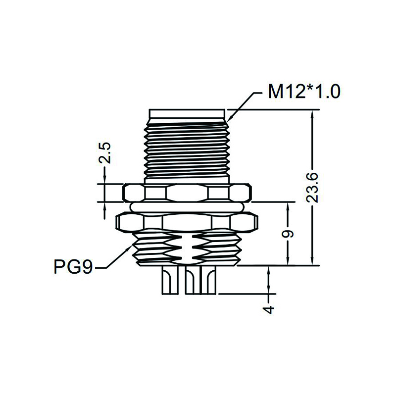 M12 4pins T code male straight rear panel mount connector PG9 thread,unshielded,solder,brass with nickel plated shell