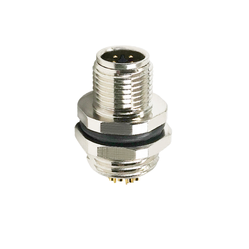 M12 4pins T code male straight rear panel mount connector M16 thread,unshielded,solder,brass with nickel plated shell