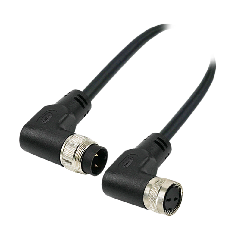 M16 2pins A code male to female right angle molded cable,unshielded,PVC,-40°C~+105°C,18AWG 0.75mm²,brass with nickel plated screw