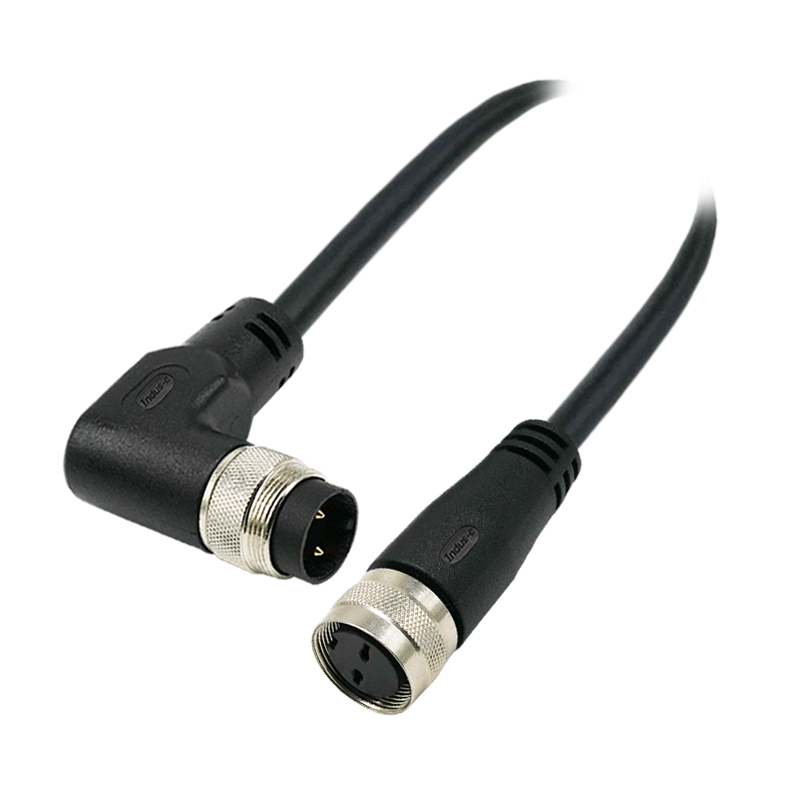 M16 2pins A code male right angle to female straight molded cable,unshielded,PVC,-40°C~+105°C,18AWG 0.75mm²,brass with nickel plated screw