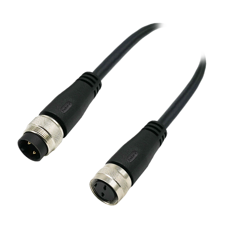 M16 2pins A code male straight to female right angle molded cable,unshielded,PVC,-40°C~+105°C,18AWG 0.75mm²,brass with nickel plated screw
