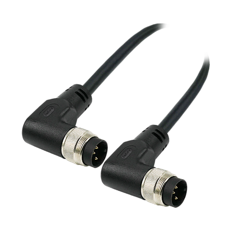 M16 3pins A code male to male right angle molded cable,unshielded,PVC,-40°C~+105°C,18AWG 0.75mm²,brass with nickel plated screw