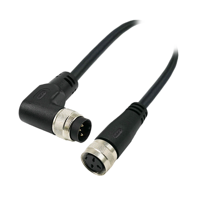 M16 3pins A code male right angle to female straight molded cable,unshielded,PVC,-40°C~+105°C,18AWG 0.75mm²,brass with nickel plated screw