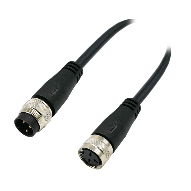 M16 3pins A code male straight to female right angle molded cable,unshielded,PVC,-40°C~+105°C,18AWG 0.75mm²,brass with nickel plated screw