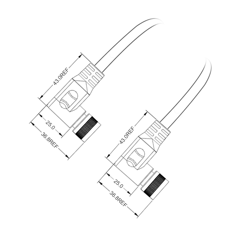 M16 3pins Acode female to female right angle molded cable,unshielded,PVC,-40°C~+105°C,18AWG 0.75mm²,brass with nickel plated screw