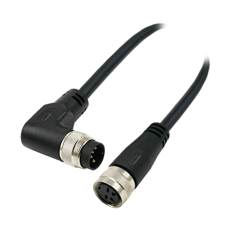 M16 4pins A code male right angle to female straight molded cable,unshielded,PVC,-40°C~+105°C,18AWG 0.75mm²,brass with nickel plated screw