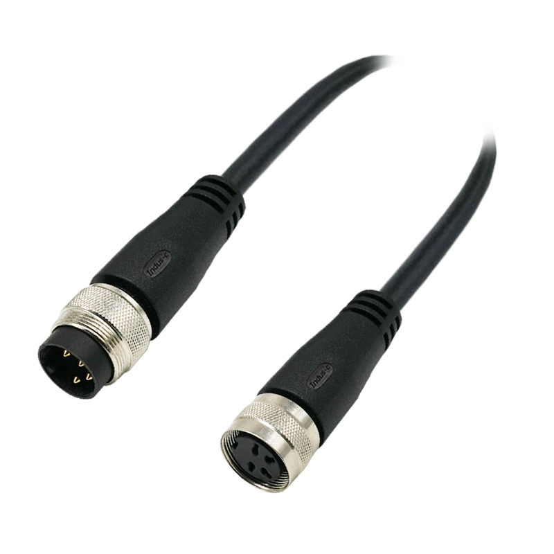 M16 4pins A code male straight to female right angle molded cable,unshielded,PUR,-40°C~+105°C,18AWG 0.75mm²,brass with nickel plated screw