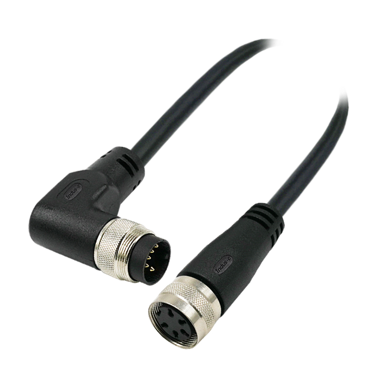 M16 5pins A code male right angle to female straight molded cable,unshielded,PVC,-40°C~+105°C,18AWG 0.75mm²,brass with nickel plated screw