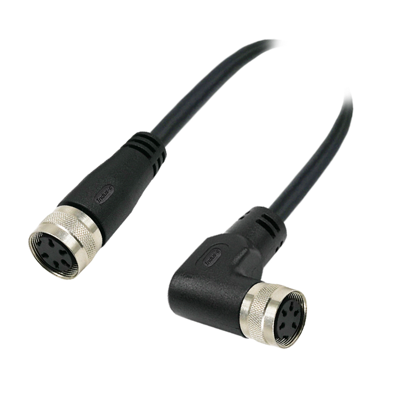 M16 5pins A code female straight to female right angle molded cable,unshielded,PVC,-40°C~+105°C,18AWG 0.75mm²,brass with nickel plated screw