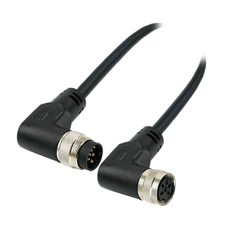 M16 6pins A code male to female right angle molded cable,unshielded,PVC,-40°C~+105°C,18AWG 0.75mm²,brass with nickel plated screw