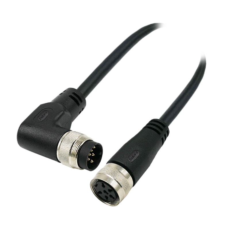 M16 6pins A code male right angle to female straight molded cable,unshielded,PVC,-40°C~+105°C,18AWG 0.75mm²,brass with nickel plated screw