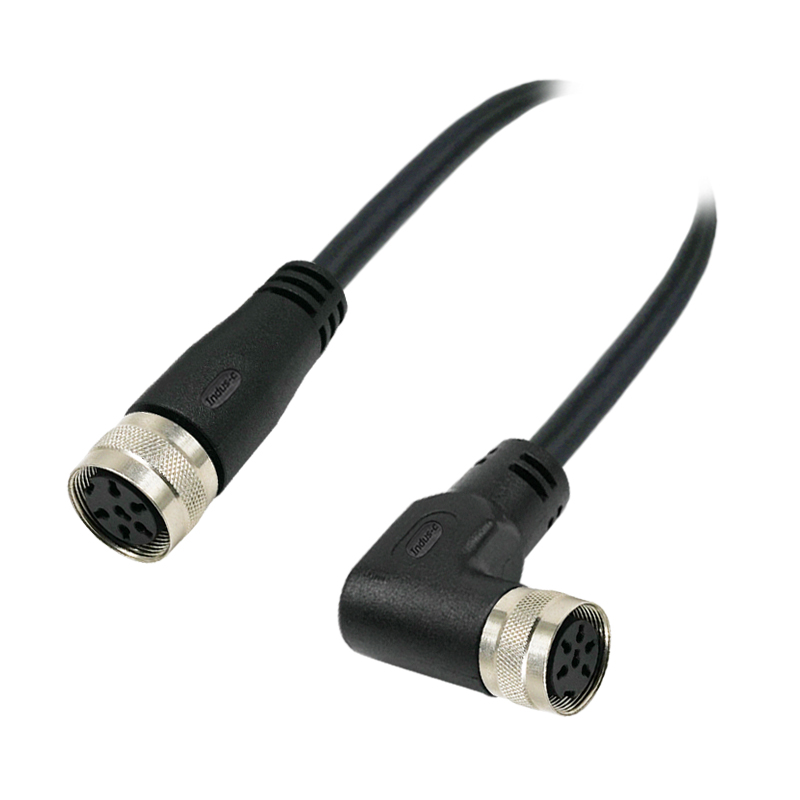 M16 6pins A code female straight to female right angle molded cable,unshielded,PUR,-40°C~+105°C,18AWG 0.75mm²,brass with nickel plated screw