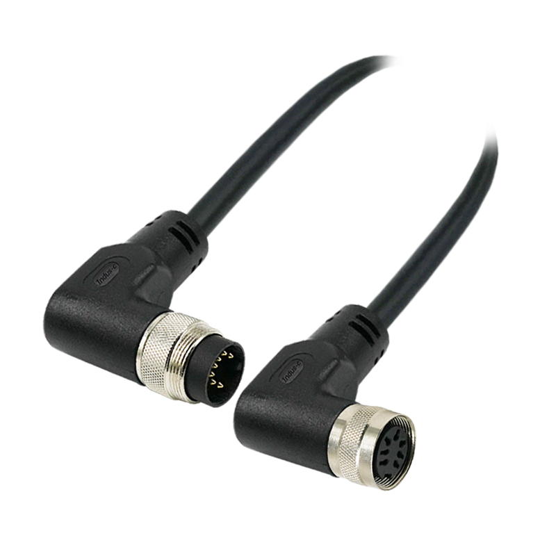 M16 7pins A code male to female right angle molded cable,unshielded,PVC,-40°C~+105°C,18AWG 0.75mm²,brass with nickel plated screw