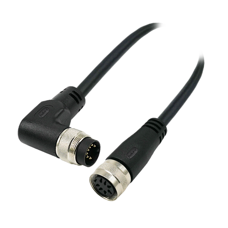 M16 7pins A code male right angle to female straight molded cable,unshielded,PVC,-40°C~+105°C,18AWG 0.75mm²,brass with nickel plated screw