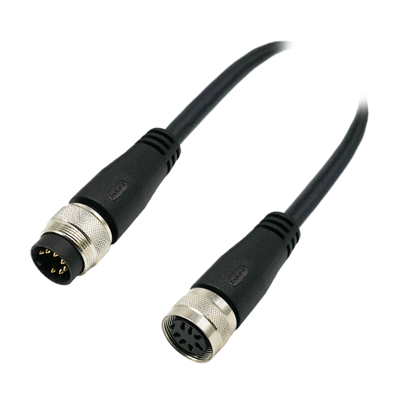 M16 7pins A code male straight to female right angle molded cable,unshielded,PUR,-40°C~+105°C,18AWG 0.75mm²,brass with nickel plated screw