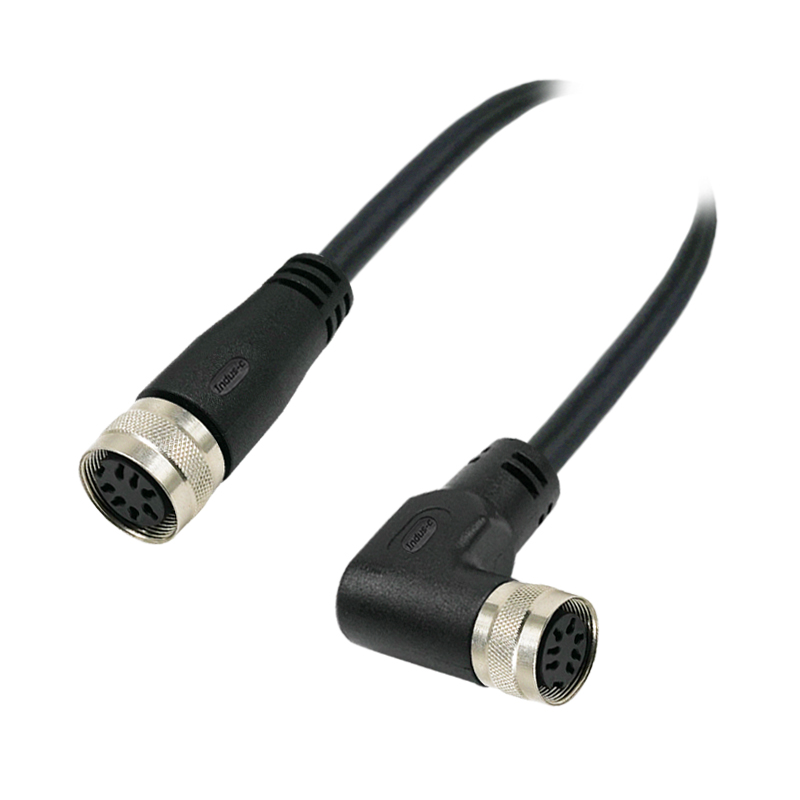 M16 7pins A code female straight to female right angle molded cable,unshielded,PVC,-40°C~+105°C,18AWG 0.75mm²,brass with nickel plated screw