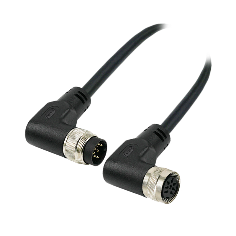 M16 8pins A code male to female right angle molded cable,unshielded,PVC,-40°C~+105°C,18AWG 0.75mm²,brass with nickel plated screw