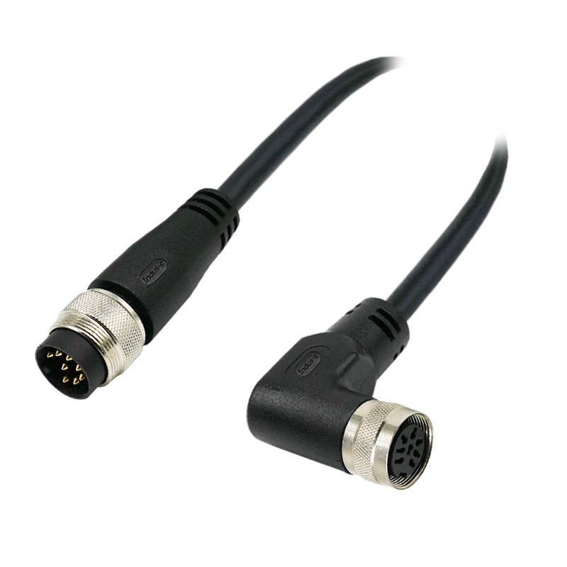 M16 8pins A code male straight to female right angle molded cable,unshielded,PVC,-40°C~+105°C,18AWG 0.75mm²,brass with nickel plated screw