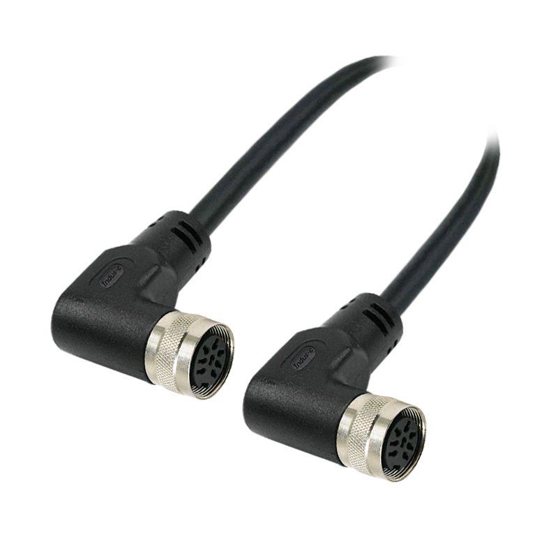 M16 8pins A code female to female right angle molded cable,unshielded,PVC,-40°C~+105°C,18AWG 0.75mm²,brass with nickel plated screw