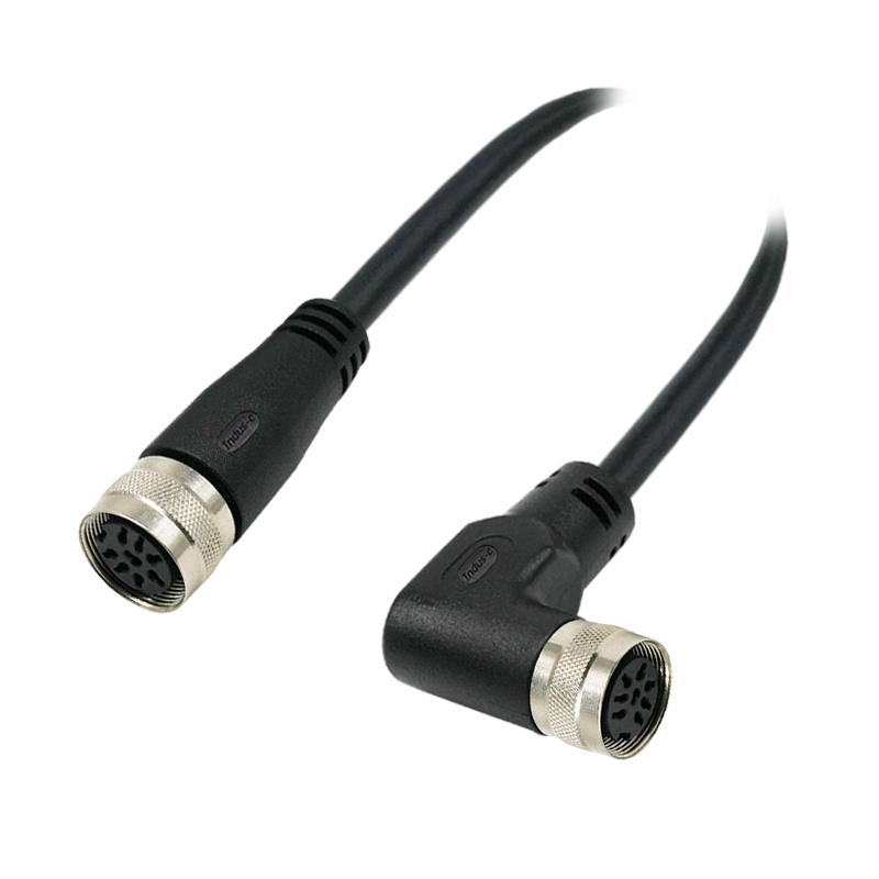 M16 8pins A code female straight to female right angle molded cable,unshielded,PVC,-40°C~+105°C,18AWG 0.75mm²,brass with nickel plated screw