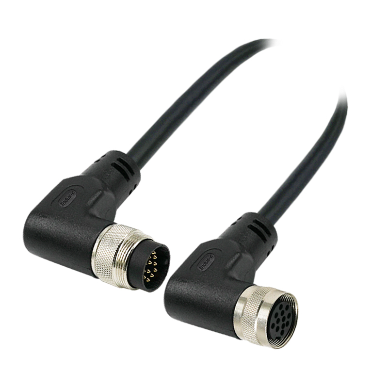 M16 12pins A code male to female right angle molded cable,unshielded,PVC,-40°C~+105°C,24AWG 0.25mm²,brass with nickel plated screw