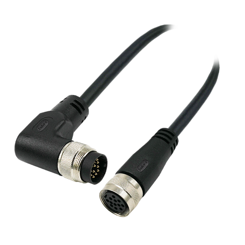 M16 12pins A code male right angle to female straight molded cable,unshielded,PVC,-40°C~+105°C,24AWG 0.25mm²,brass with nickel plated screw