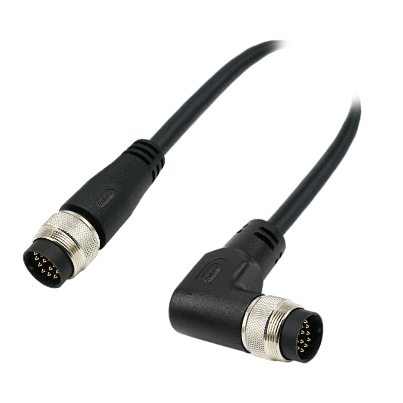 M16 12pins A code male straight to male right angle molded cable,unshielded,PVC,-40°C~+105°C,24AWG 0.25mm²,brass with nickel plated screw