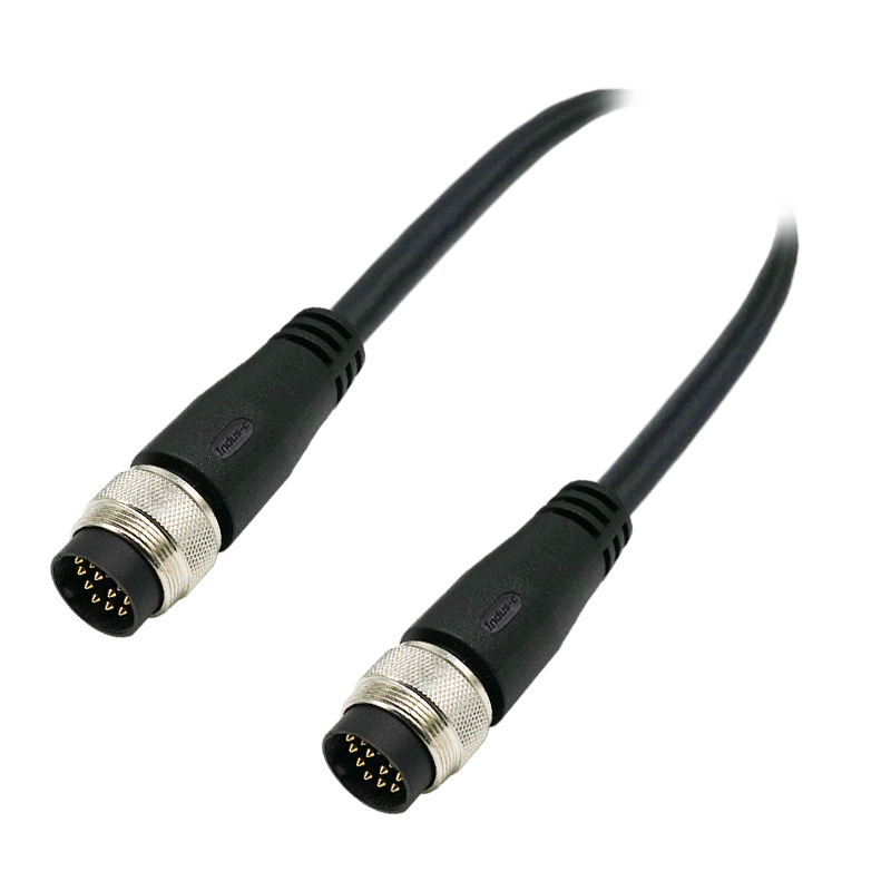 M16 12pins A code male to male straight molded cable,unshielded,PUR,-40°C~+105°C,24AWG 0.25mm²,brass with nickel plated screw
