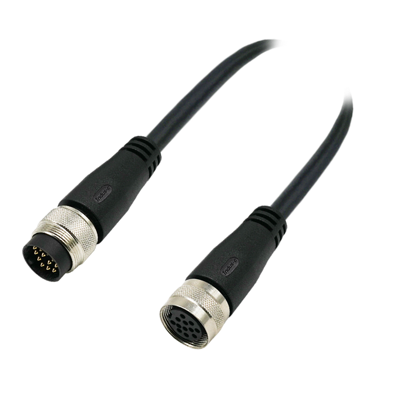 M16 12pins A code male straight to female right angle molded cable,unshielded,PVC,-40°C~+105°C,24AWG 0.25mm²,brass with nickel plated screw