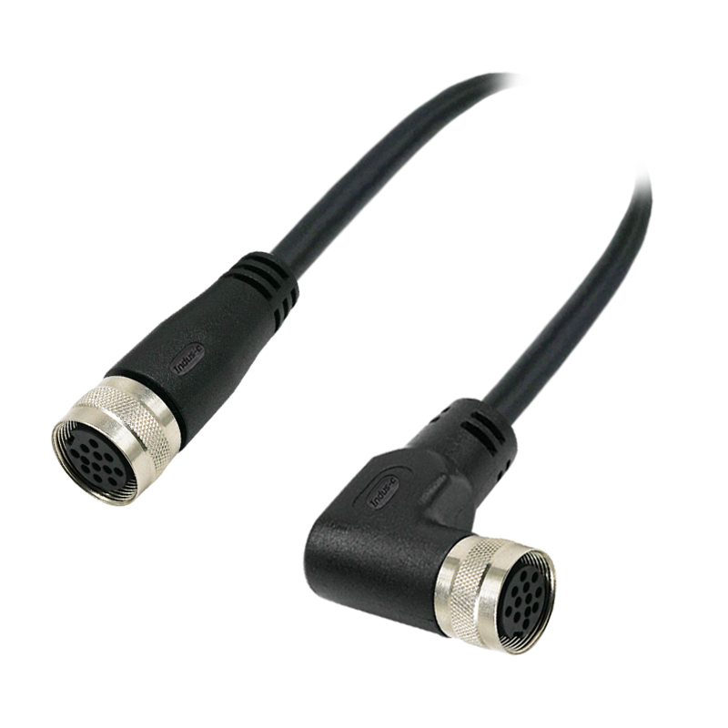 M16 12pins A code female straight to female right angle molded cable,unshielded,PVC,-40°C~+105°C,24AWG 0.25mm²,brass with nickel plated screw