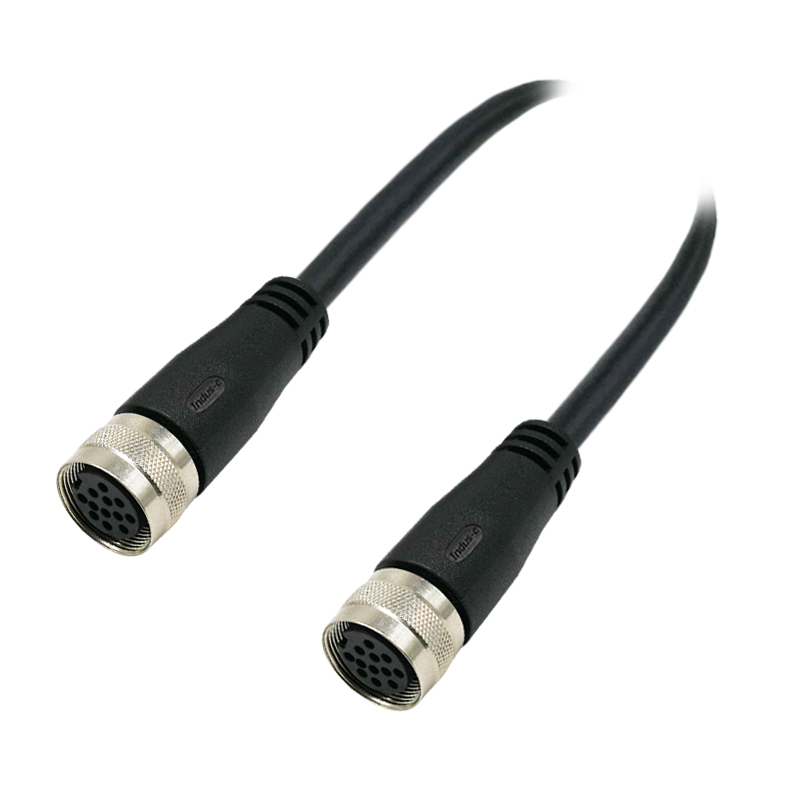 M16 12pins A code female to female straight molded cable,unshielded,PUR,-40°C~+105°C,24AWG 0.25mm²,brass with nickel plated screw