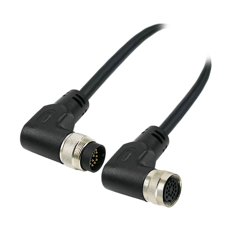 M16 19pins A code male to female right angle molded cable,unshielded,PUR,-40°C~+105°C,24AWG 0.25mm²,brass with nickel plated screw