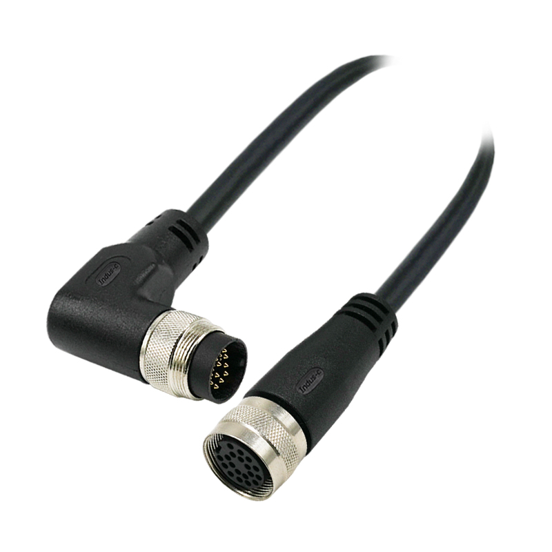 M16 19pins A code male right angle to female straight molded cable,unshielded,PUR,-40°C~+105°C,24AWG 0.25mm²,brass with nickel plated screw