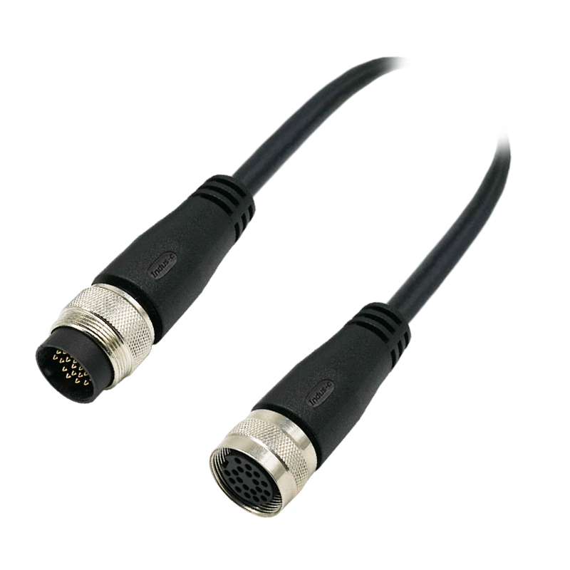 M16 19pins A code male straight to female right angle molded cable,unshielded,PUR,-40°C~+105°C,24AWG 0.25mm²,brass with nickel plated screw