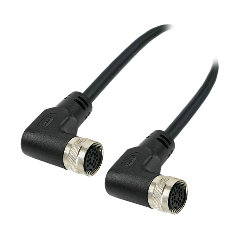 M16 19pins A code female to female right angle molded cable,unshielded,PVC,-40°C~+105°C,24AWG 0.25mm²,brass with nickel plated screw
