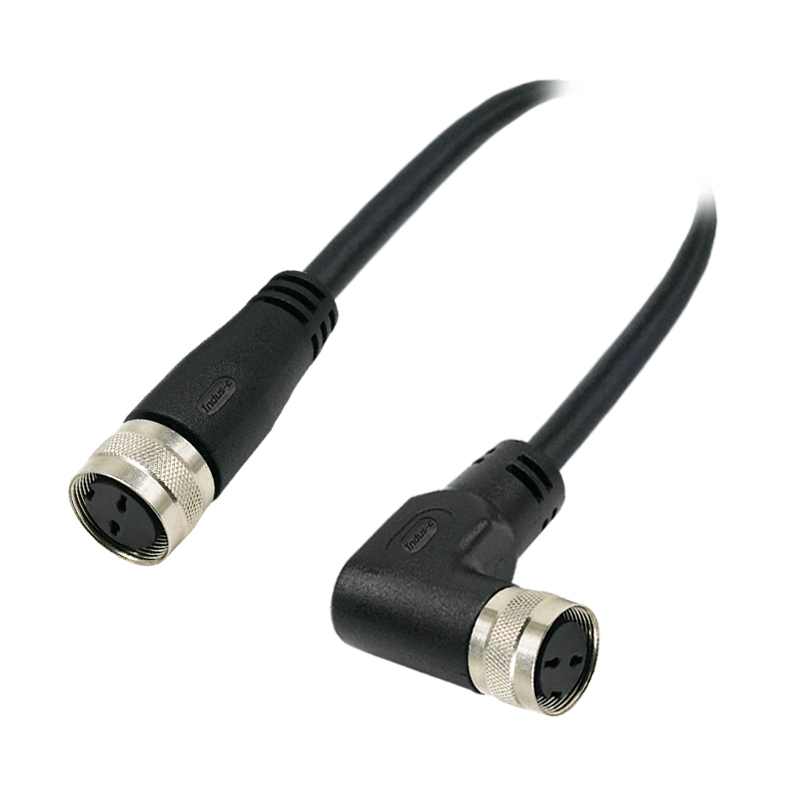 M16 2pins A code female straight to female right angle molded cable,shielded,PVC,-40°C~+105°C,18AWG 0.75mm²,brass with nickel plated screw