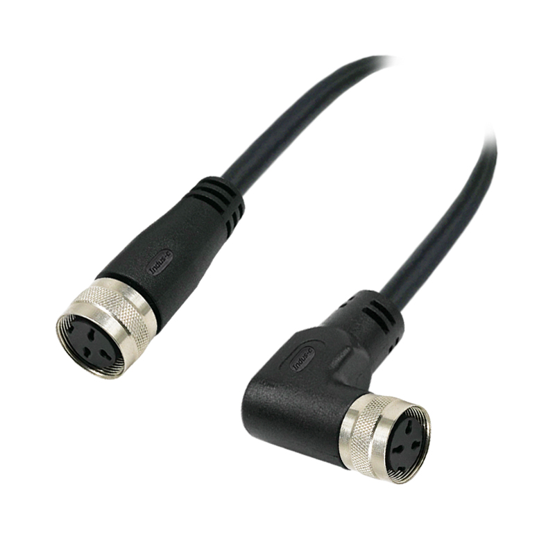 M16 3pins A code female straight to female right angle molded cable,shielded,PVC,-40°C~+105°C,18AWG 0.75mm²,brass with nickel plated screw
