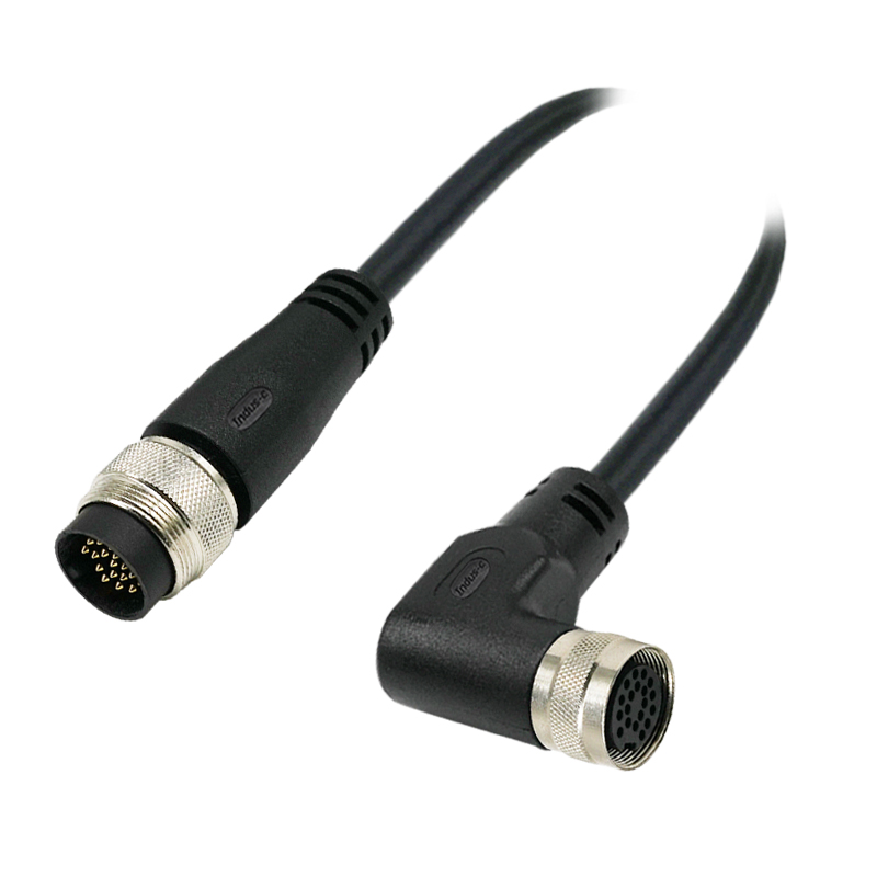 M16 19pins A code male straight to female right angle molded cable,shielded,PVC,-40°C~+105°C,24AWG 0.25mm²,brass with nickel plated screw