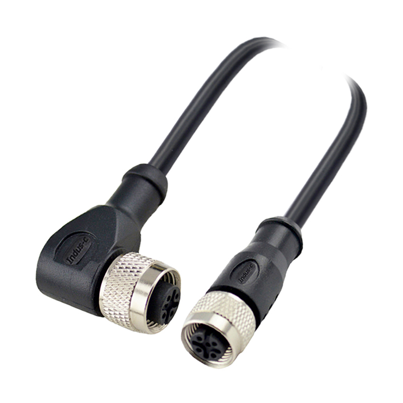 M12 4pins D code female straight to female right angle molded cable,shielded,PUR,-40°C~+105°C,22AWG 0.34mm²,brass with nickel plated screw