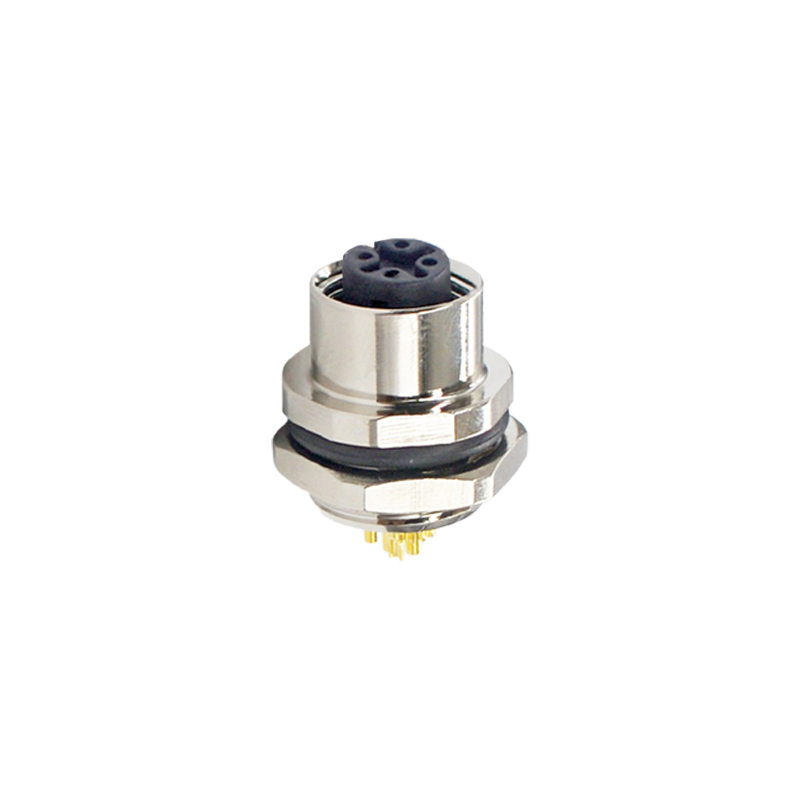 M12 4pins D code female straight rear panel mount connector M16 thread,unshielded,solder,brass with nickel plated she