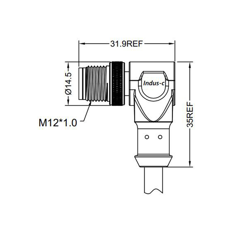 M12 4pins D code male right angle molded cable, shielded,PVC,-40°C~+105°C,22AWG 0.34mm²,brass with nickel plated screw