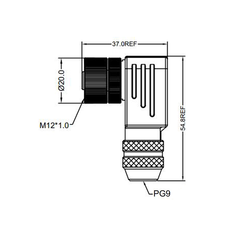 M12 4pins D code female right angle metal assembly connector PG9 thread,shielded,brass with nickel plated housing,suitable cable diameter 6.0mm-8.0mm