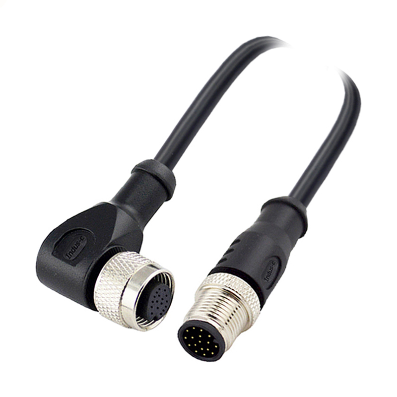 M12 17pins A code male straight to female right angle molded cable,shielded,PUR,-40°C~+105°C,26AWG 0.14mm²,brass with nickel plated screw