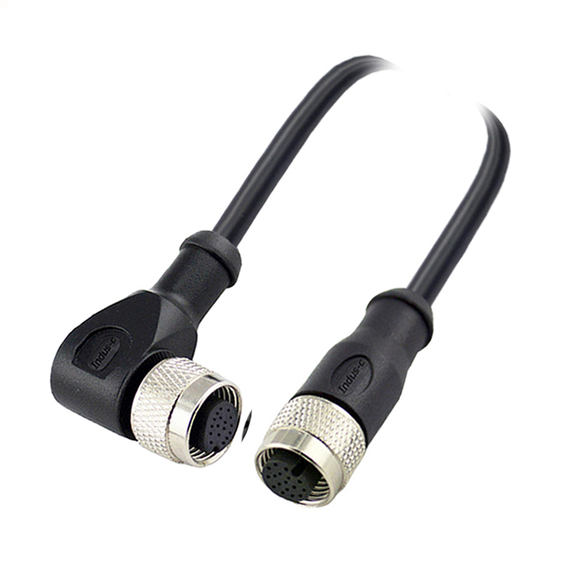 M12 17pins A code female straight to female right angle molded cable,shielded,PVC,-40°C~+105°C,26AWG 0.14mm²,brass with nickel plated screw