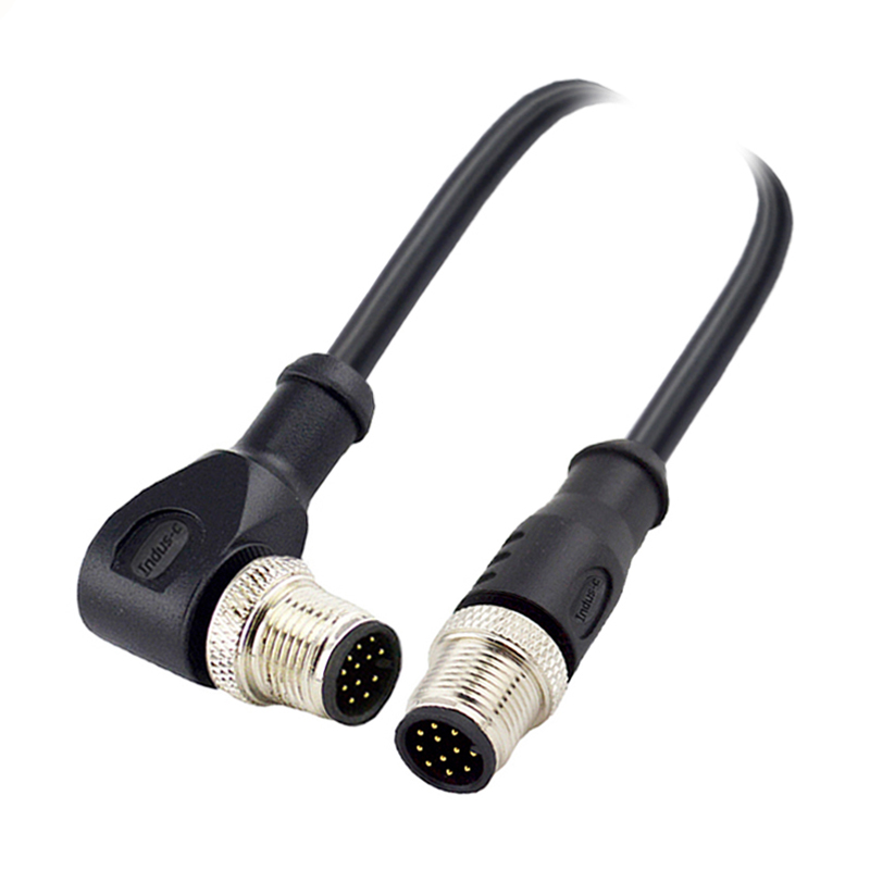 M12 12pins A code male straight to male right angle molded cable,shielded,PVC,-40°C~+105°C,26AWG 0.14mm²,brass with nickel plated screw