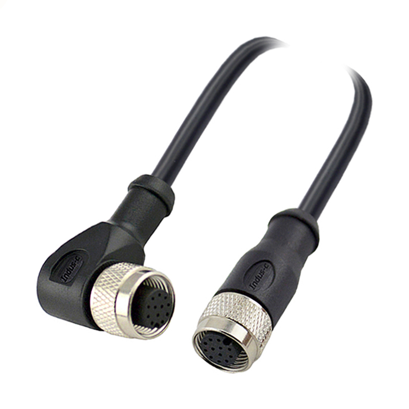 M12 12pins A code female straight to female right angle molded cable,unshielded,PUR,-40°C~+105°C,26AWG 0.14mm²,brass with nickel plated screw