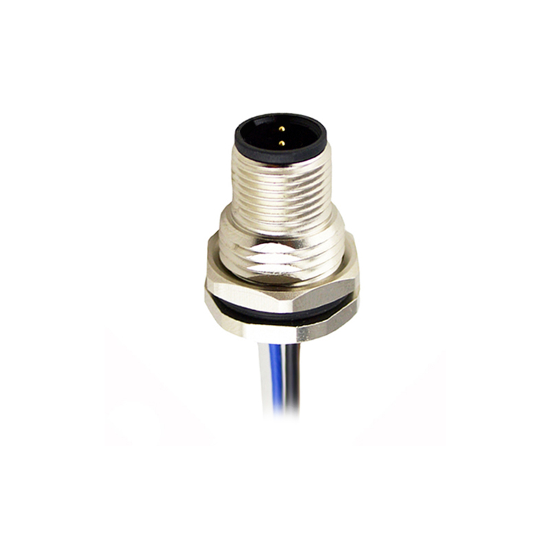 M12 2pins C code male straight front panel mount connector PG9 thread,unshielded,single wires,single wires,brass with nickel plated shell