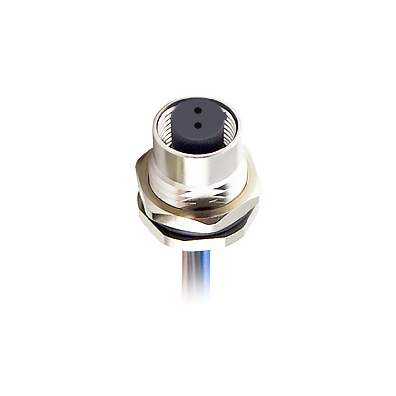 M12 2pins C code female straight front panel mount connector PG9 thread,unshielded,single wires,single wires,brass with nickel plated shell